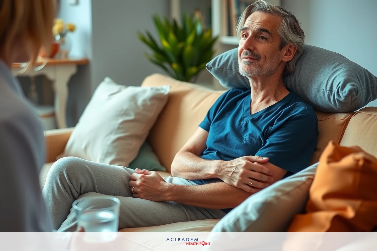 The image depicts an older man in a home setting, lying on a couch with his hands clasped together. He is wearing a blue shirt and appears to be engaged in conversation with another individual who is not fully visible in the frame. The environment includes comfortable furnishings such as pillows on the couch and a potted plant adding a touch of greenery to the space.