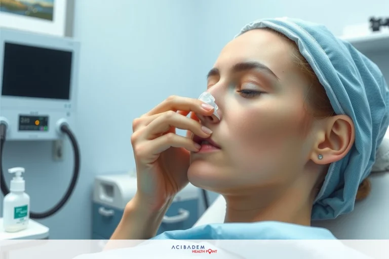 Can I Blow My Nose After Rhinoplasty? A woman in a medical setting appears to be undergoing a medical procedure. She's lying on an examination table and has her eyes closed, possibly experiencing discomfort or stress from the situation. Her hands are at her mouth as if she is holding it shut. The environment suggests a clinical or hospital context with medical equipment and supplies around her.