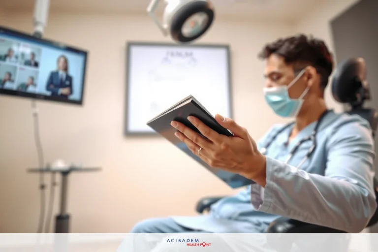 In the image, a medical professional dressed in protective medical attire is seated at a treatment chair. The individual appears to be engaged with a tablet device held in both hands, possibly reviewing patient records or educational material relevant to their practice.