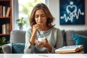 Woman in a grey top, seated at home on a couch, holding a bottle and possibly taking medicine, with books around her suggesting study or relaxation.