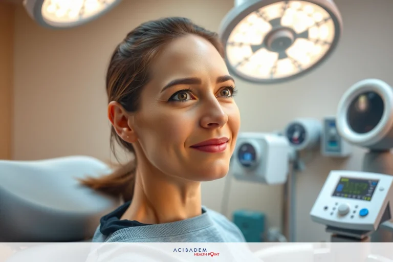 A smiling woman in a surgeon chair, surrounded by medical equipment such as lights and monitors. She is wearing a grey shirt. The environment suggests a professional surgery or medical setting.