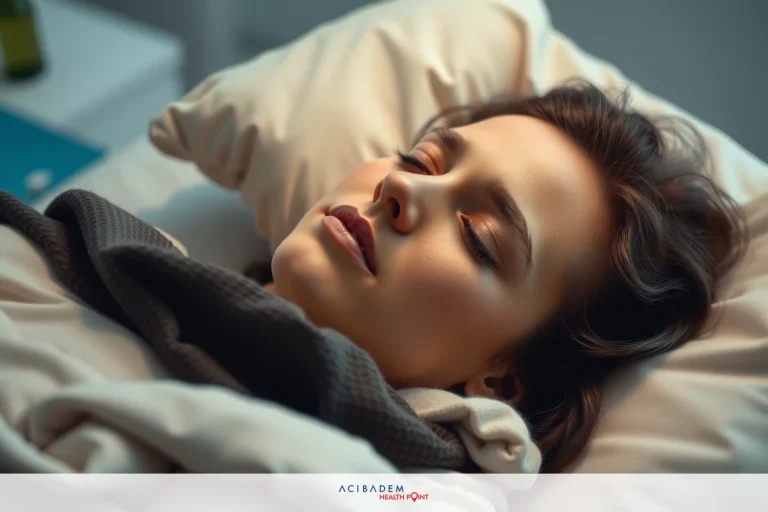 When Can I Sleep on My Side After Rhinoplasty A woman is lying in a hospital bed, looking contemplative. She appears to be sleeping or resting with her eyes closed and a slight frown on her face.
