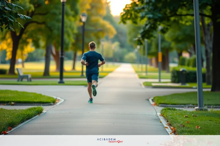 The image shows a man running on a paved path in an urban park-like setting. The path is surrounded by lush green trees and grass, indicating it might be spring or summer.