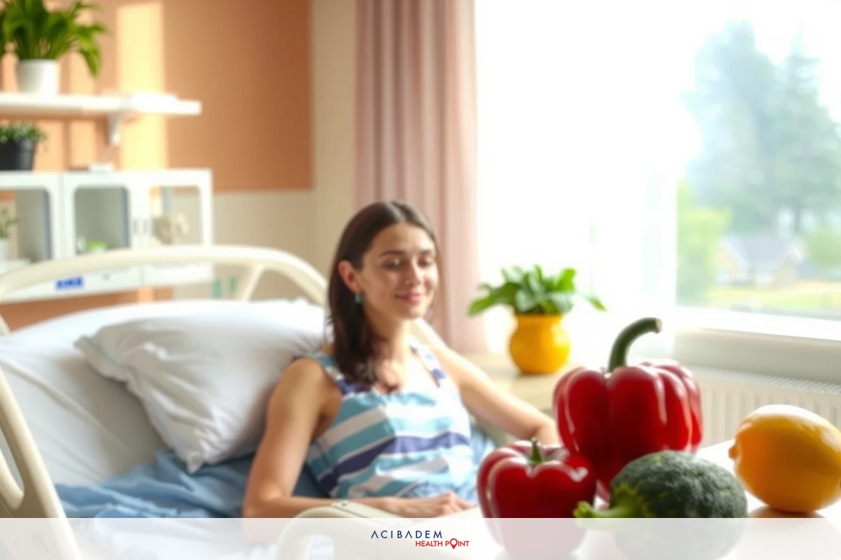 The image shows a woman in a hospital bed, smiling and looking towards the camera. She is surrounded by an array of fresh produce including tomatoes and peppers on a table next to her bed. The room has a cheerful ambiance with natural light coming through the window, suggesting a focus on patient wellbeing and nutrition during healthcare stays.