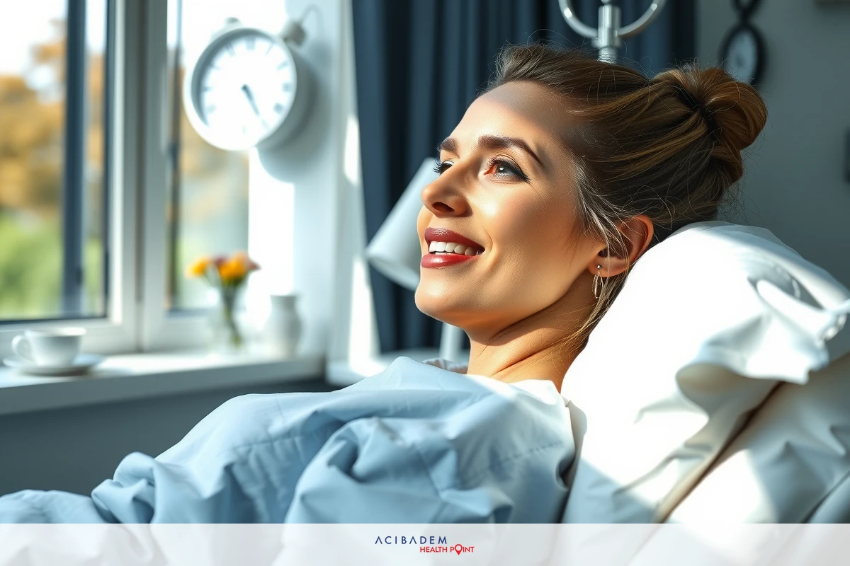 The image shows a woman in a hospital bed, smiling and appearing relaxed. She is dressed in hospital gowns and there are medical charts on the bed's side. The room has a bright window with daylight coming through.