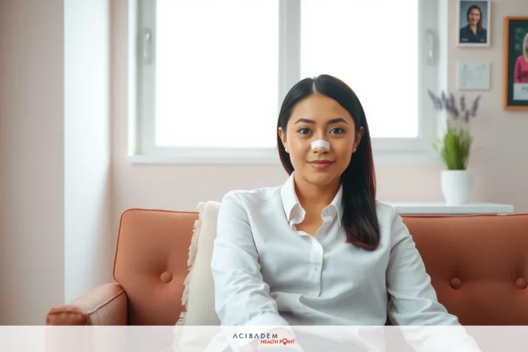 A woman in a white shirt sitting on a couch, with a slight smile and nose in the air, possibly indicating lighthearted or candid moment.