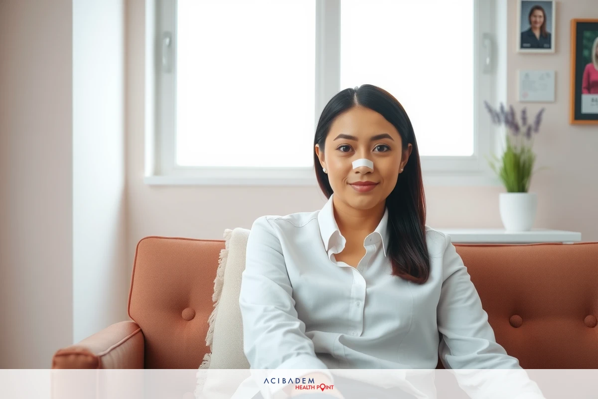 A woman in a white shirt sitting on a couch, with a slight smile and nose in the air, possibly indicating lighthearted or candid moment.