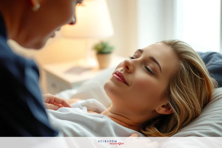 The image depicts a serene indoor setting. A woman lies comfortably on a bed, her face relaxed with eyes closed, indicating she might be asleep or resting. Beside her is another person, presumably providing care, possibly assisting in medical procedures or simply offering companionship. The environment suggests a peaceful and tranquil moment, likely within a home or healthcare facility.