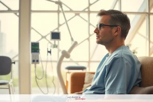 A man in scrubs sitting with his legs crossed, looking out of the window. He is wearing glasses and a stethoscope around his neck. The room appears to be a medical clinic.