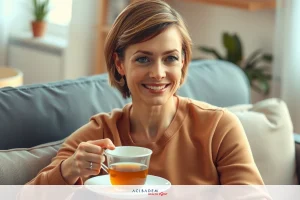 Woman in cozy home environment, holding a tea cup. She is smiling and seems to be enjoying her time. The room has a warm and inviting ambiance with wooden furniture.