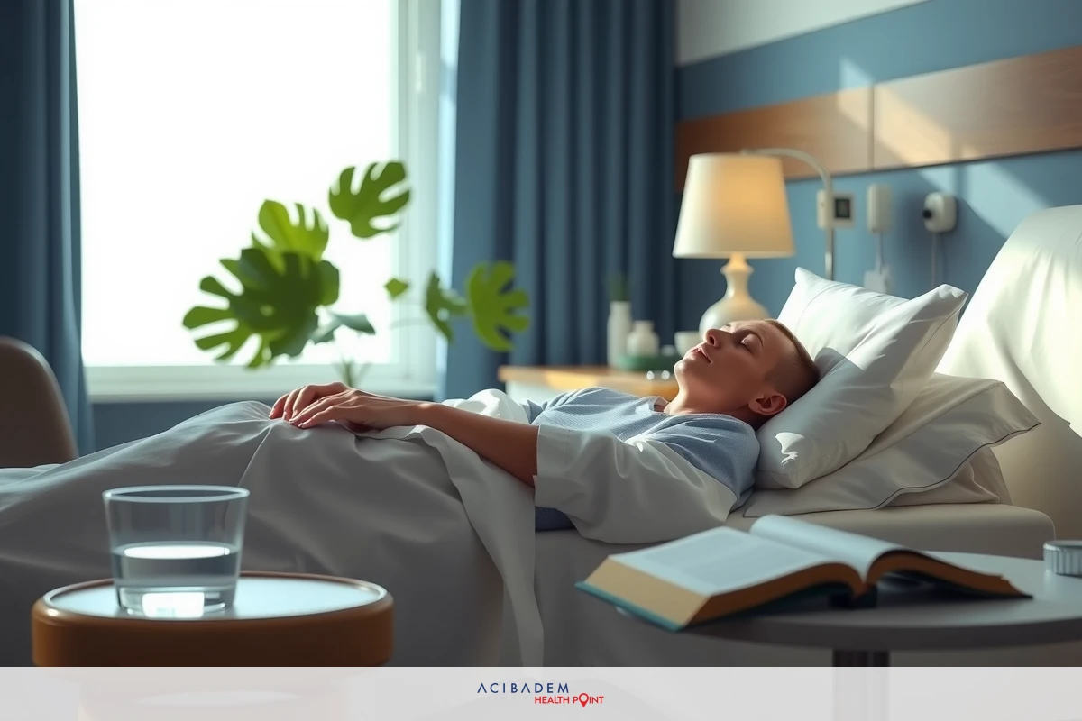 The image shows a person lying in a hospital bed, possibly convalescing. The room is softly lit and appears to be well-appointed with amenities such as a table lamp, books, and a water pitcher.