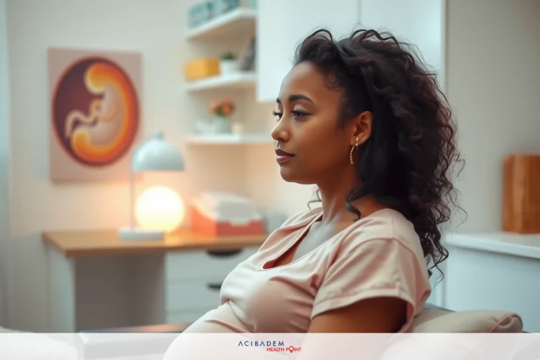 Can You Get Rhinoplasty While Pregnant? A pregnant woman sits in a home setting, with a serene expression on her face. The room features a comfortable couch, modern lighting, and decorative artwork on the wall. Her posture suggests relaxation and anticipation of motherhood.