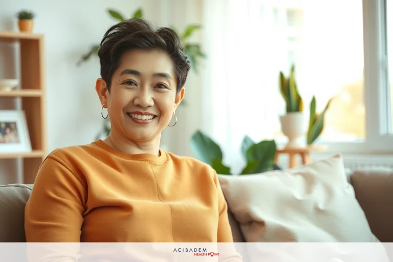 Woman sitting on couch in bright room with plants, smiling and wearing orange top.
