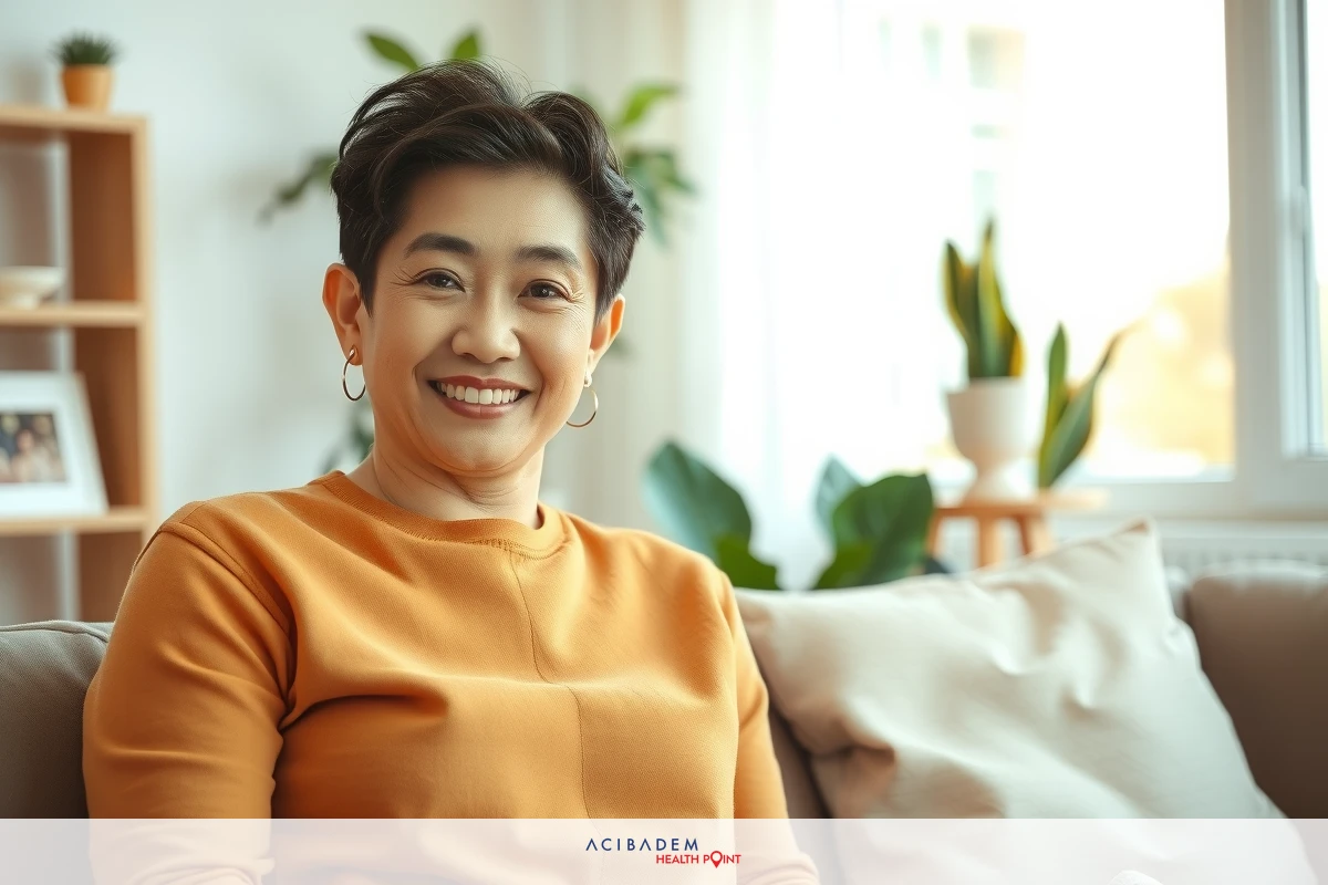 Woman sitting on couch in bright room with plants, smiling and wearing orange top.