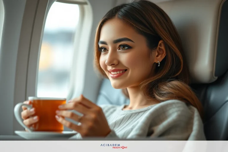 How Long After Rhinoplasty Can I Fly The image depicts a young woman sitting in an airplane seat, smiling and holding a cup of coffee. She appears relaxed and enjoying her flight.