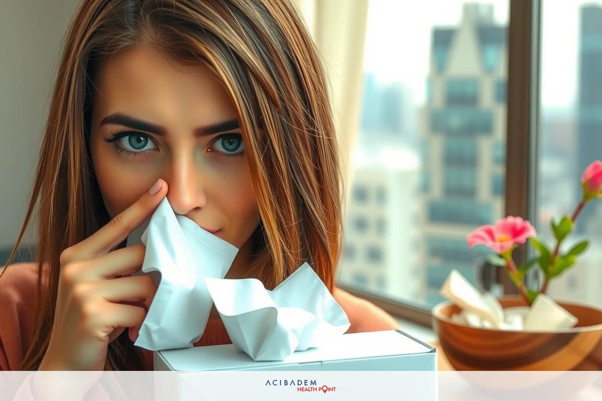 A woman with blue eyes is seen holding a tissue to her nose, seemingly unwell. She is wearing a pink shirt and has brown hair. The background suggests she might be in an urban environment at a window, possibly during the daytime due to natural lighting.