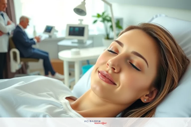 Can I Get Botox After Rhinoplasty? The image shows a woman lying in a hospital bed, appearing to be resting or possibly asleep. She has her eyes closed. There is medical equipment visible around her, indicating she may be in a healthcare setting receiving treatment. The environment suggests a clinical or medical context.