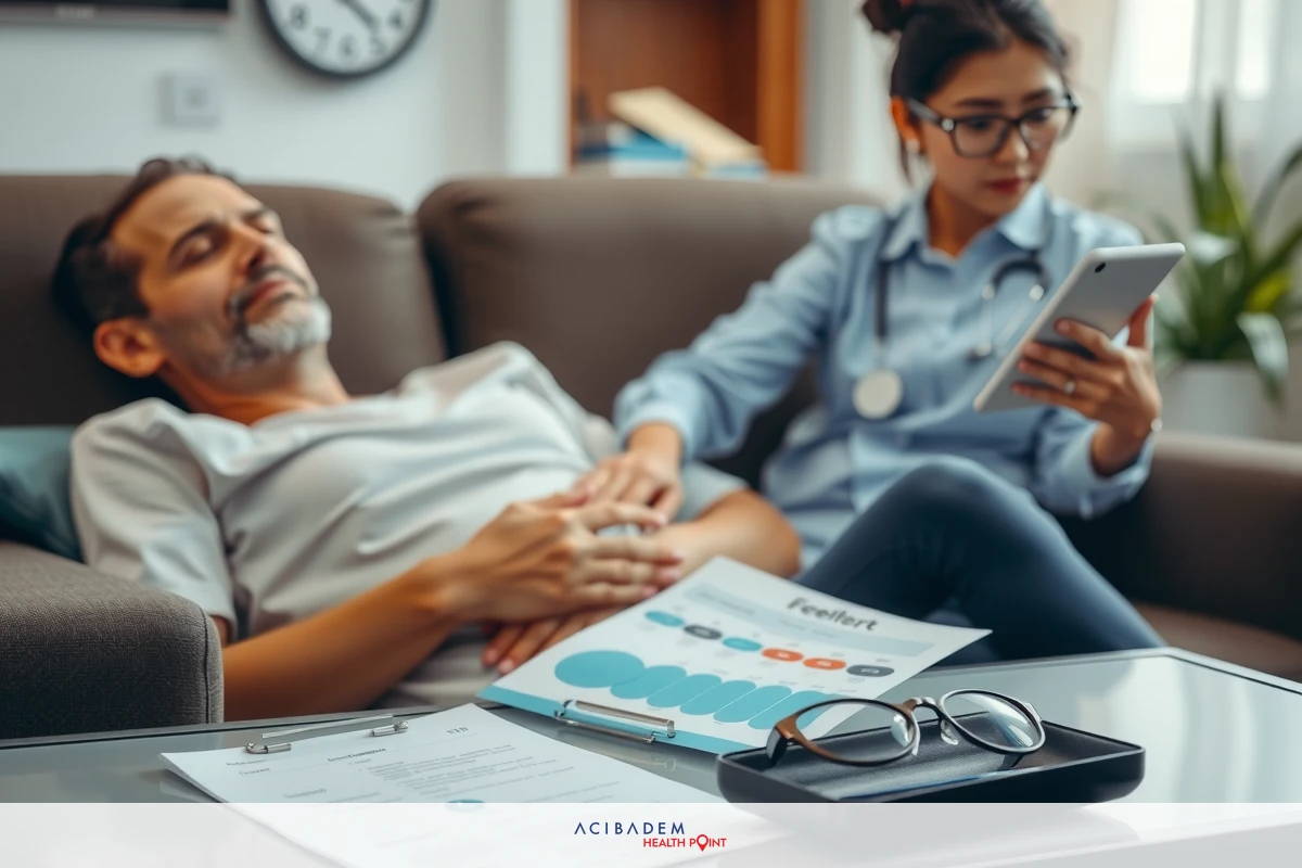 The image shows a person lying on a couch with a woman in a medical uniform sitting beside them. The woman appears to be taking the person's pulse or providing some form of healthcare service, as suggested by her professional attire and focused demeanor. The setting looks like a clinic environment.
