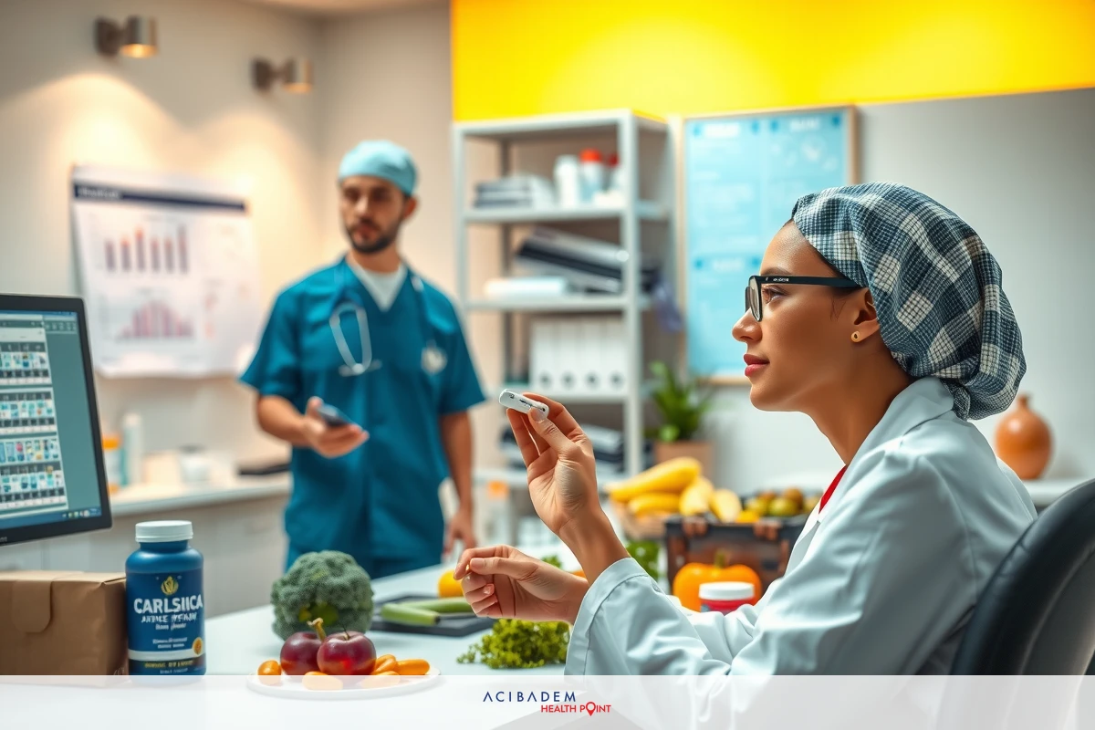 In a modern, clean medical office environment with a minimalist color scheme and professional lighting, two healthcare professionals are engaged in a discussion about patient nutrition. One doctor is seated at a desk, looking attentively at the other who stands before him, explaining on a tablet computer that displays nutritional data. The office space includes medical equipment and supplies indicative of a well-equipped facility.
