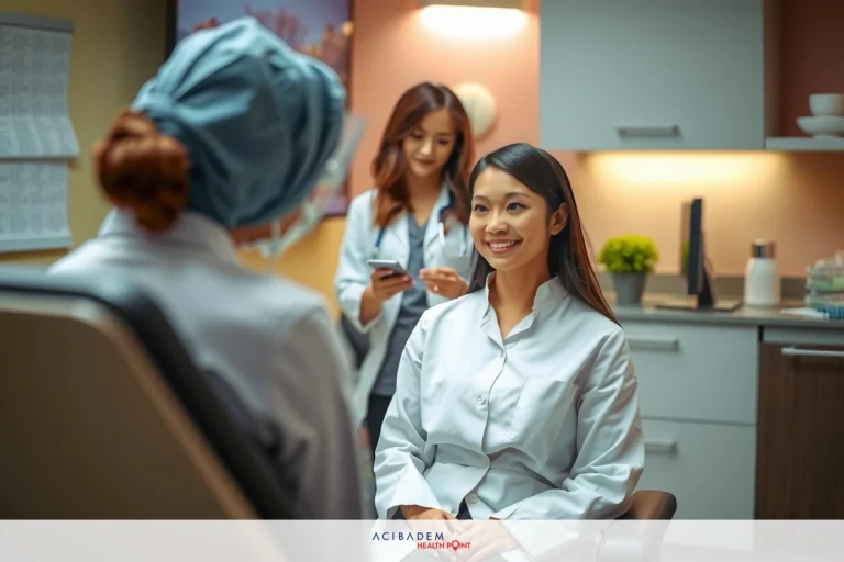 Smiling woman surgeons and patient in professional office setting.