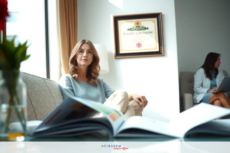 The image depicts a professional office environment. A woman is seated at a conference table, dressed in a light-colored blouse and skirt, with her hands clasped together on the table. She appears to be engaged in a meeting or discussion. The room has modern decor and is furnished with various items including chairs, couches, desks, and shelves holding books and framed items, suggesting an upscale, corporate setting.