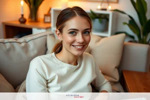 A woman is seated on a couch indoors, smiling and looking at the camera. She has medium-length hair and is wearing casual clothing, likely in a relaxed setting.
