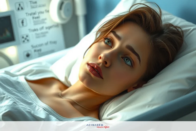 A woman lying on a hospital bed, wearing makeup and looking away from the camera.