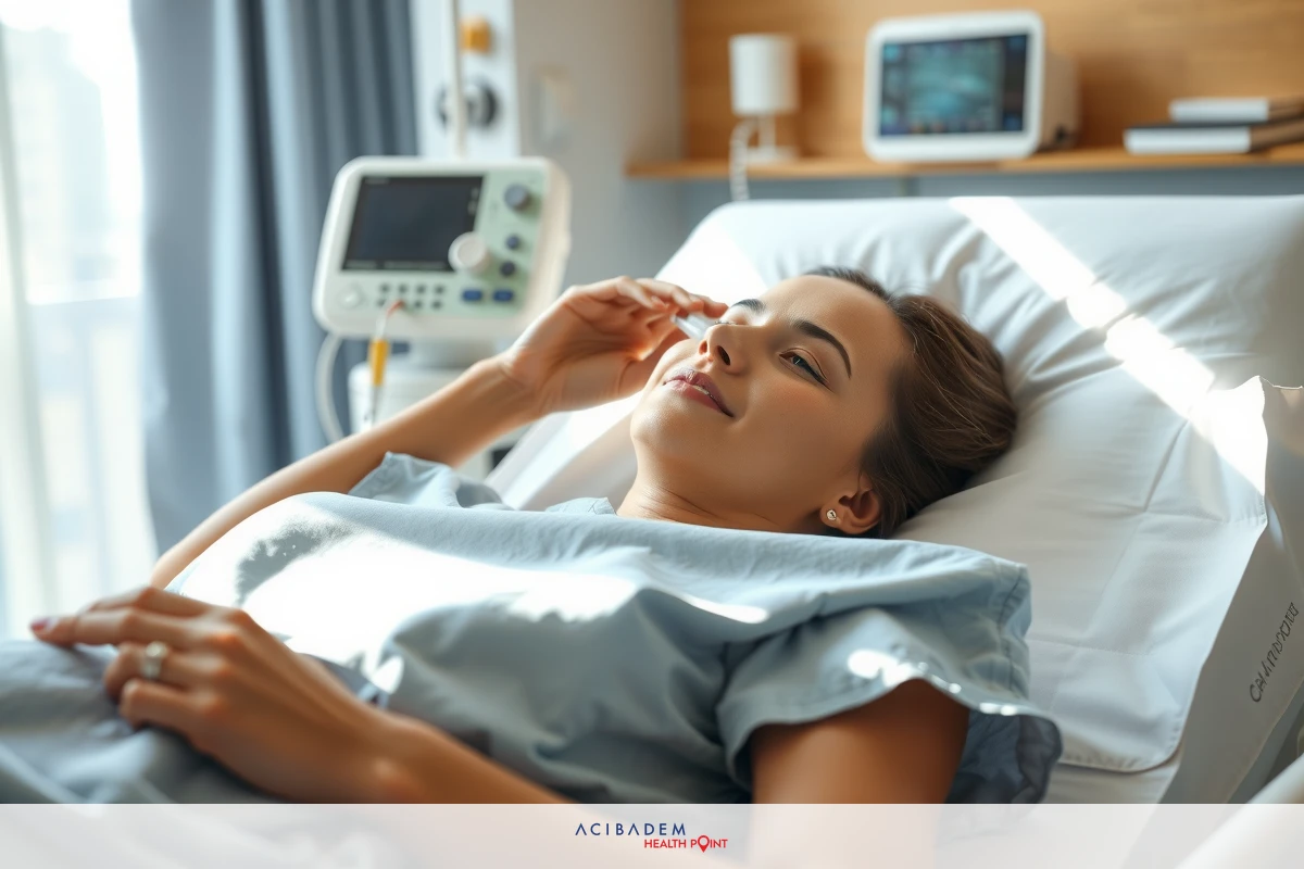 Woman in hospital bed smiling, with medical monitors visible. Her cheerful expression suggests she is comfortable or at ease during her hospital stay.