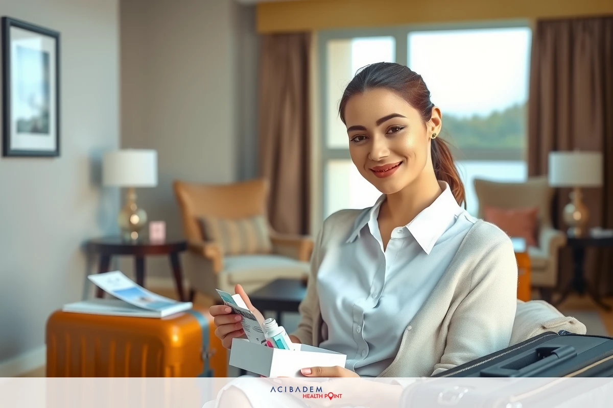 A woman sitting in a living room, holding a gift and smiling. She is dressed professionally in a white blouse, and her surroundings suggest comfort and homeliness with plush furniture and soft lighting.