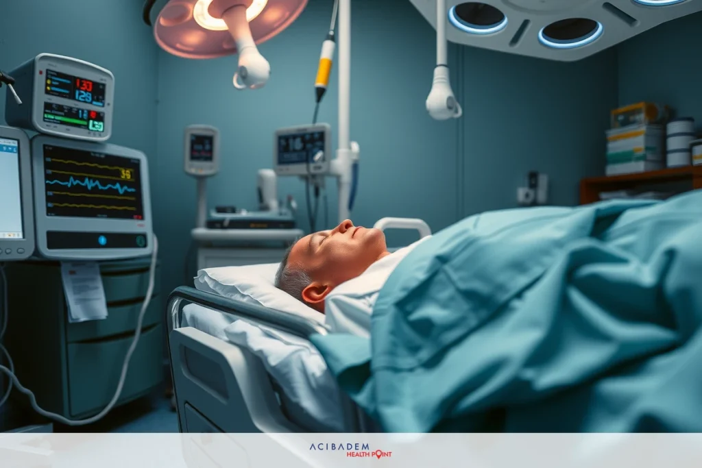 The image depicts an interior hospital setting with a patient lying on a bed, surrounded by medical equipment. The environment is clinical with white walls and metal fixtures. The focus is on the patient who appears to be in a critical condition, as indicated by the various monitors connected to their body.