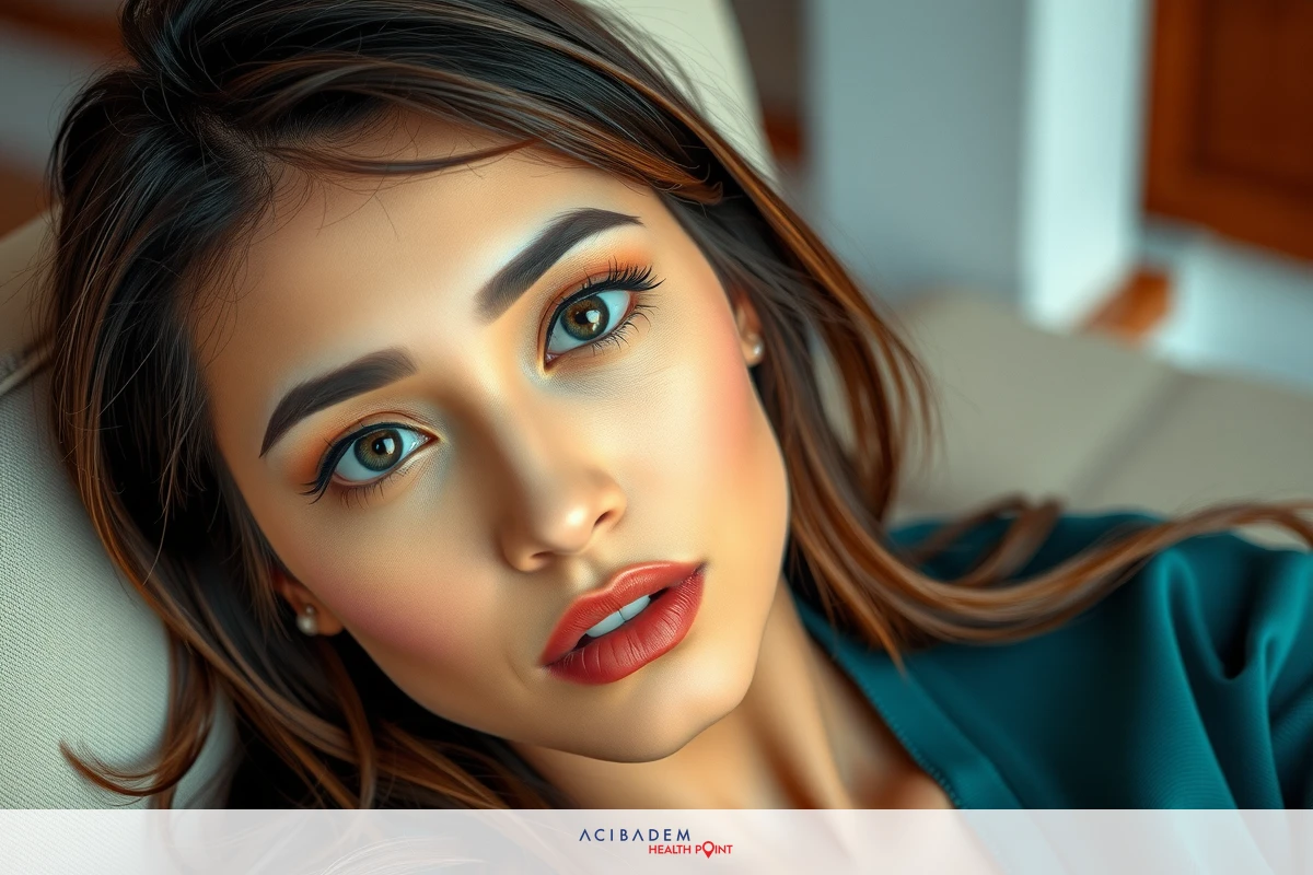 The image features a woman with light skin and dark hair, looking directly at the camera. She has makeup on, highlighting her eyes and lips, and she appears to be wearing a green top. The background is out of focus but seems to be an indoor setting, possibly a room with neutral-toned decor.