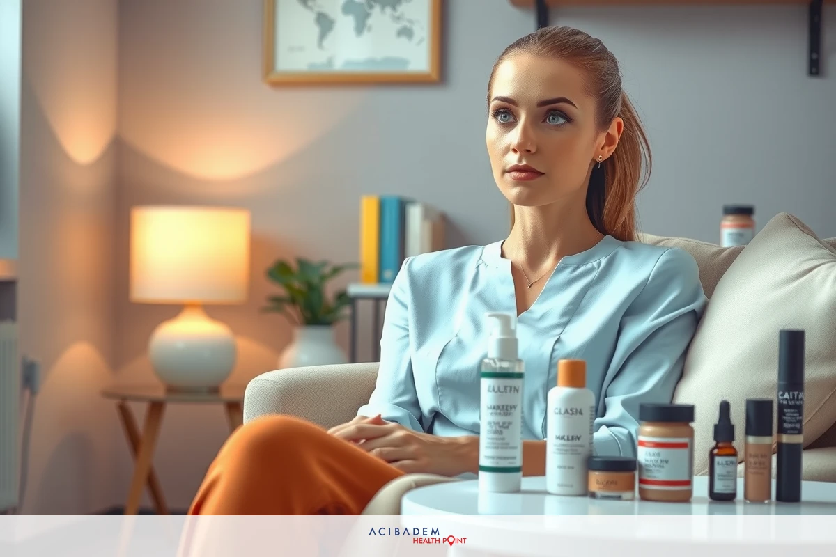 A woman seated on a couch, surrounded by various beauty and skincare products. Her attention is focused to her right where the camera person is sitting across from her, engaging in conversation or an interview.