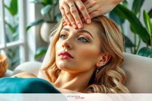 A woman is enjoying a relaxing facial massage while seated. She seems to be at ease in an indoor setting with warm lighting that creates a serene atmosphere.
