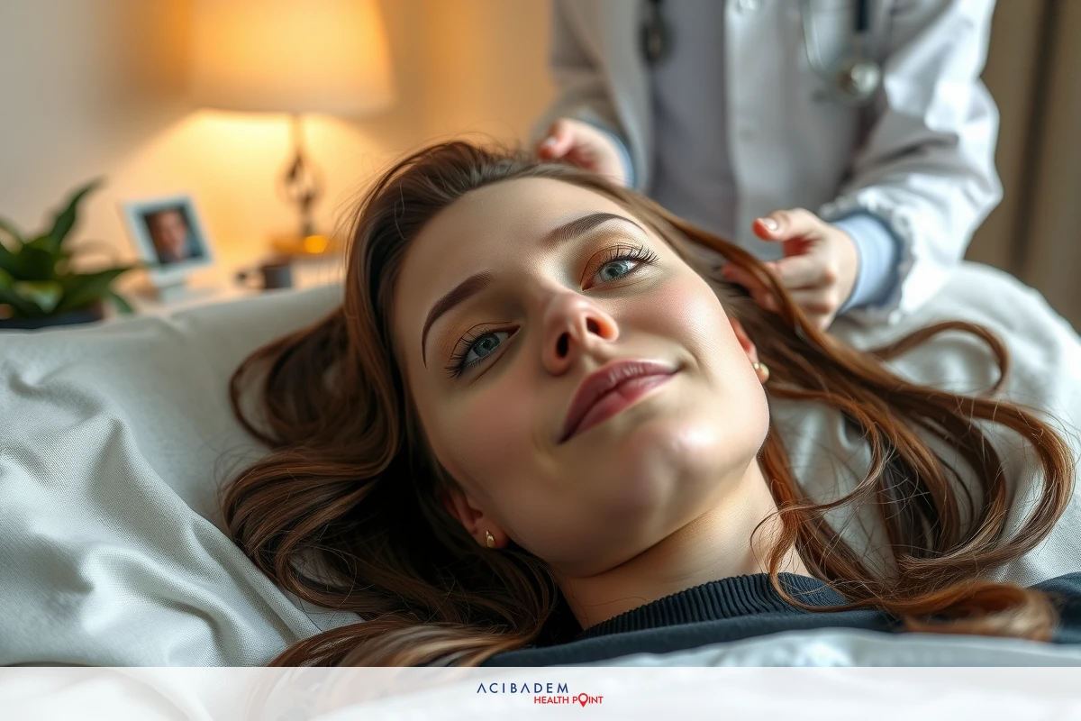An image of a woman lying down with her head turned, looking at the camera, while another person works on her hair. They are indoors in a well-lit room, and it appears to be a professional setting possibly a hair salon.