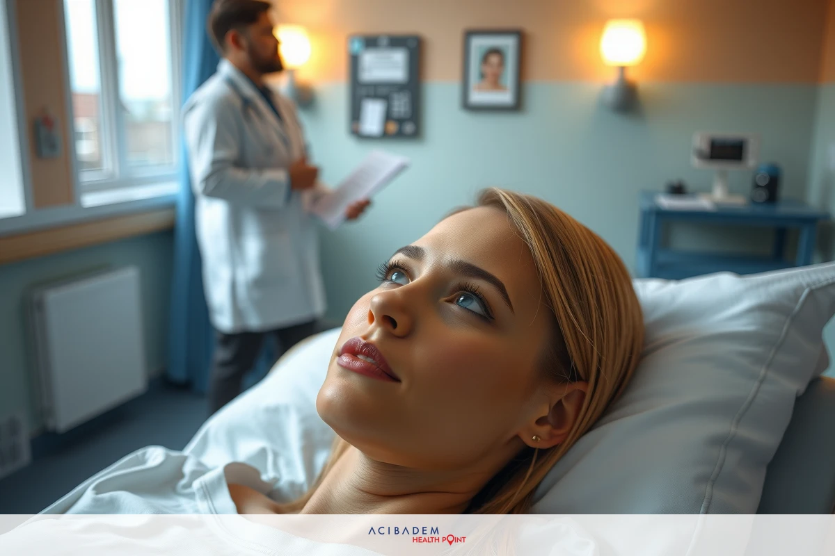 A woman in a hospital bed is being attended to by a male medical professional. The environment suggests a modern, well-equipped clinical setting with blurred medical equipment and documentation.