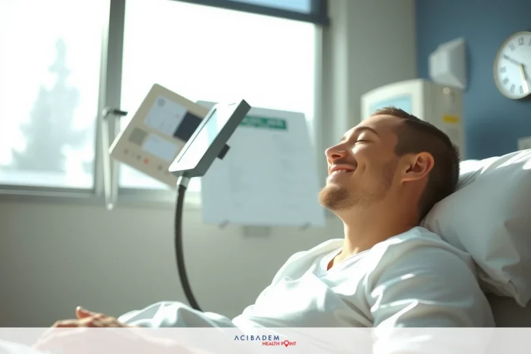 A smiling man lies on a hospital bed in a medical room. The room is well lit and appears to be modern with equipment surrounding him.