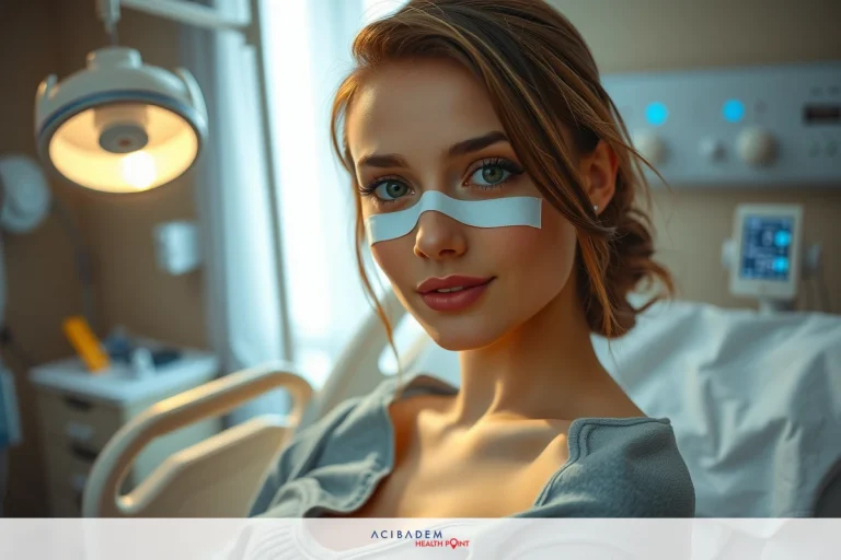 Can You Get a Rhinoplasty with a Nose Piercing The image depicts a woman seated in what appears to be a hospital setting, on a bed or gurney. She has a bandage across her nose and is wearing makeup that accentuates her eyes. Her expression is serious or contemplative, and she is looking directly at the camera.