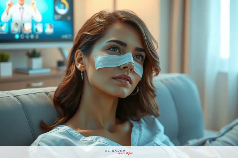 Can I Scratch My Nose After Rhinoplasty? A woman resting with a white bandage on her nose, indoors. She is seated on a beige couch in a living room setting.