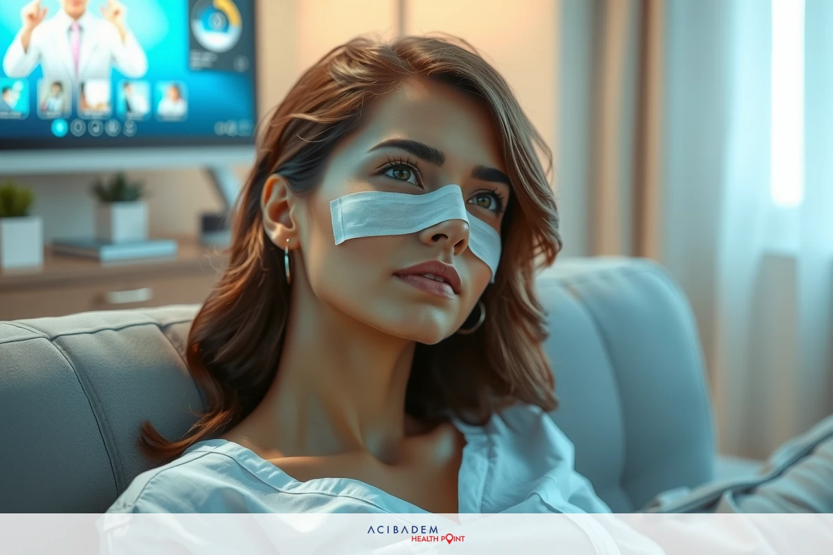 A woman resting with a white bandage on her nose, indoors. She is seated on a beige couch in a living room setting.