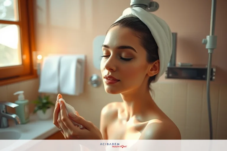 Can I Take a Shower After Rhinoplasty? The image shows a woman in a bathroom. She is seated at the sink. Her eyes are closed and she appears relaxed. The environment suggests a domestic setting with a window allowing natural light to enter the room. The colors are warm and inviting, typical of indoor home spaces. There are no texts visible in the image.