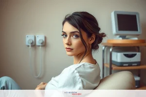 The image depicts a woman seated in an indoor setting. She is wearing a white blouse and has her hair styled up, showcasing a subtle makeup look. The woman's gaze is directed off to the side with a neutral expression. In the background, there are medical equipment items suggesting a healthcare or clinical environment.