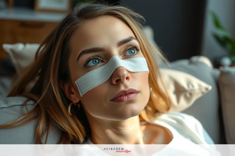 How Tight Should I Tape My Nose After Rhinoplasty Woman with her eyes closed, wearing a white mask on face. Her facial features are detailed, and she has blonde hair.