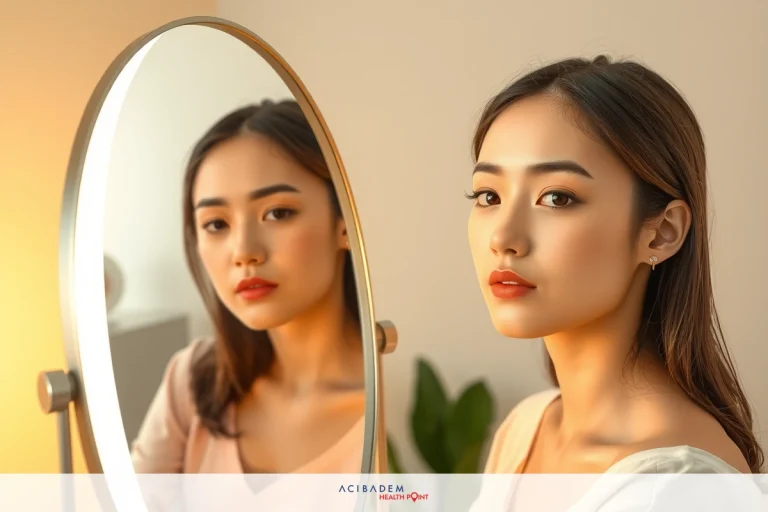 A young woman with makeup reflecting in a mirror. She is wearing a light pink top and has her hair styled straight.