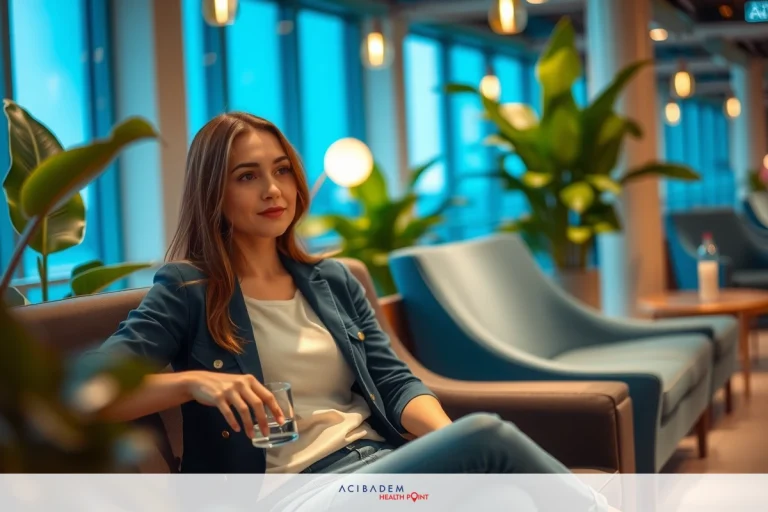 How Long After Rhinoplasty Can You Fly Long Haul The image shows a woman seated on a modern couch, possibly in an airport lounge or similar setting. She has long hair and is dressed in casual attire with a denim jacket. Her pose suggests she might be waiting or resting.