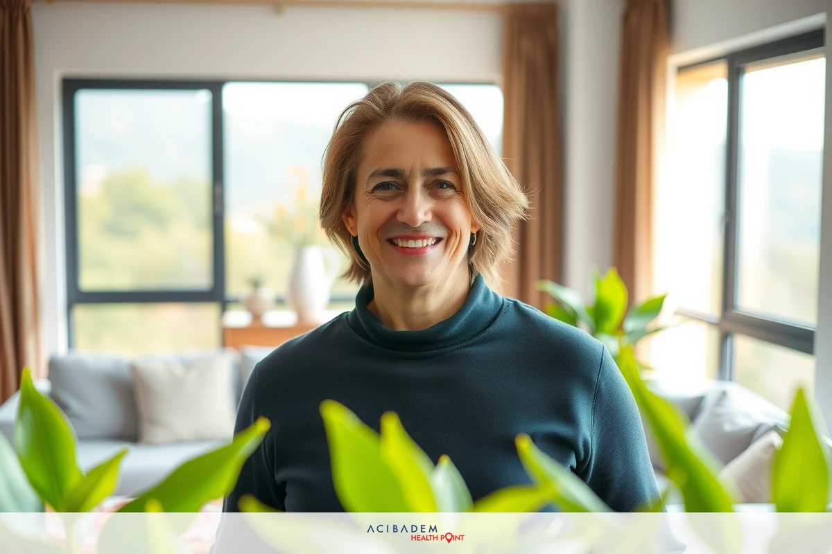 A woman in a modern room with plants, smiling at the camera. She is standing and appears to be indoors.