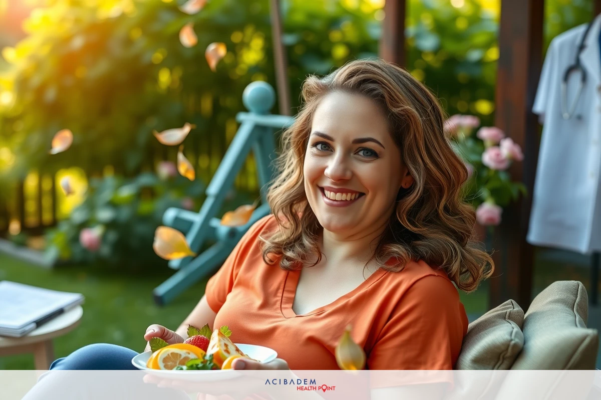 A woman in a relaxed outdoor setting, wearing orange. She's sitting on a chair and enjoying some fruit, smiling brightly. The environment is sunny with a garden or patio in the background.