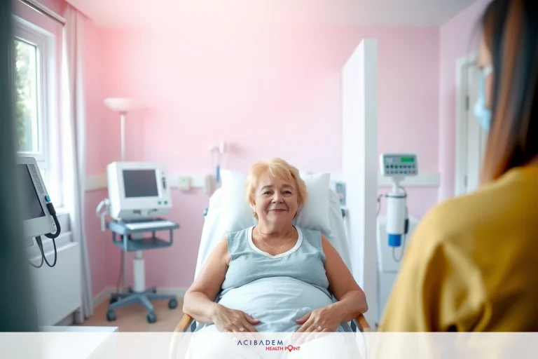 The image shows an elderly woman sitting in a hospital bed. She is wearing a grey top and appears to be awaiting medical attention or treatment. A healthcare worker, possibly a nurse, stands to her side, observing the patient and potentially providing care.