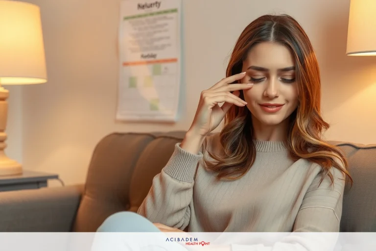 A woman sitting on a couch, smiling and with her hand to her face. She is wearing a beige sweater and blue jeans.