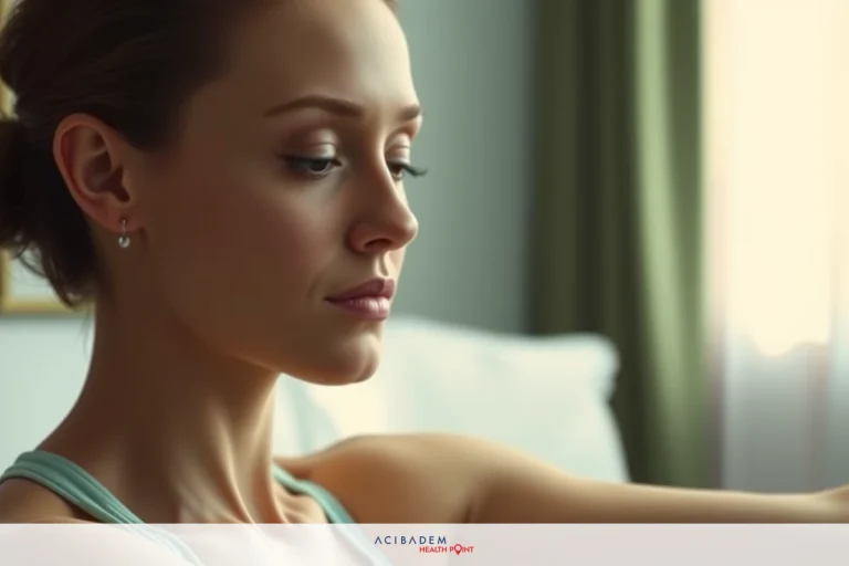 The image features a woman seated indoors, possibly in a bedroom or living room setting. Her expression and body language suggest focus or contemplation. The environment has a soft lighting that gives the scene a warm ambiance.