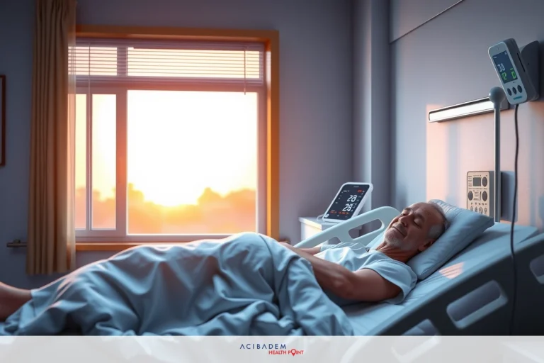 Why Can’t You Exercise After Rhinoplasty The image shows an older man lying in a hospital bed during sunset. The window behind him is bright with warm sunlight, suggesting the time of day could be early morning or late afternoon. He appears to be resting comfortably under the sheets, and there are medical devices connected to him, such as a heart rate monitor. The room has a clean, sterile environment typical of hospital settings.